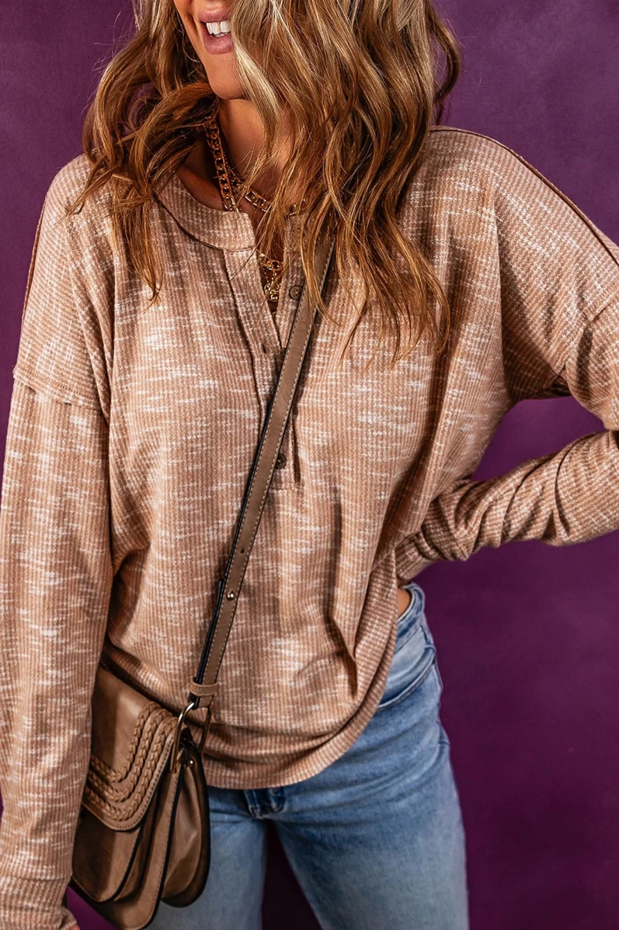 Women's Chestnut Rib Knit Long Sleeve Henley Top - Drop Shoulder Casual Shirt by Shewin
