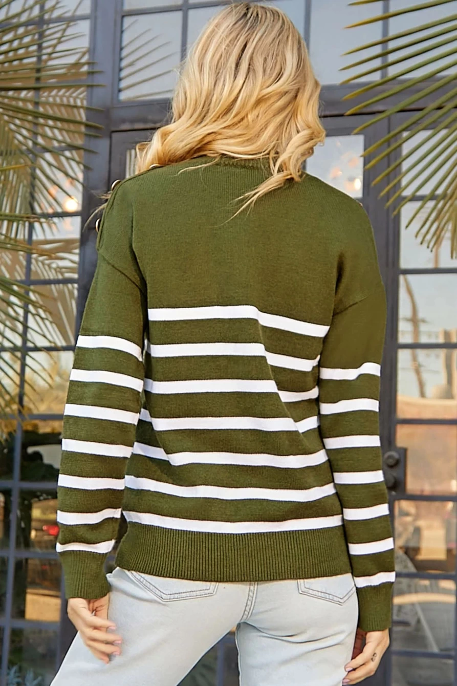 Shewin Women's Green Striped Knit Sweater with Mock Neck, Button Detail & Drop Shoulder Design