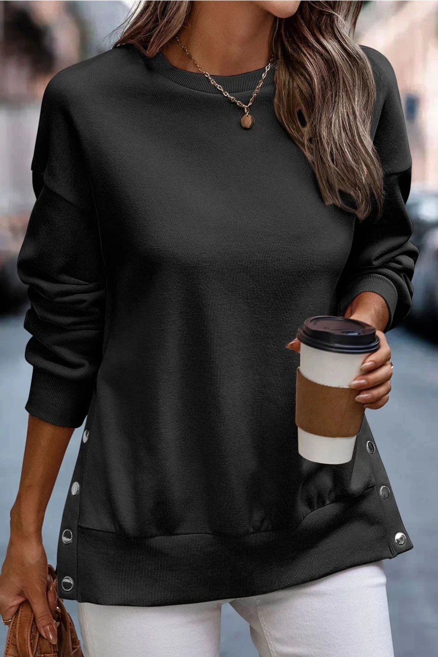 Women's Black Solid Color Sweatshirt with Snap Buttons & Side Slits - SHEWIN
