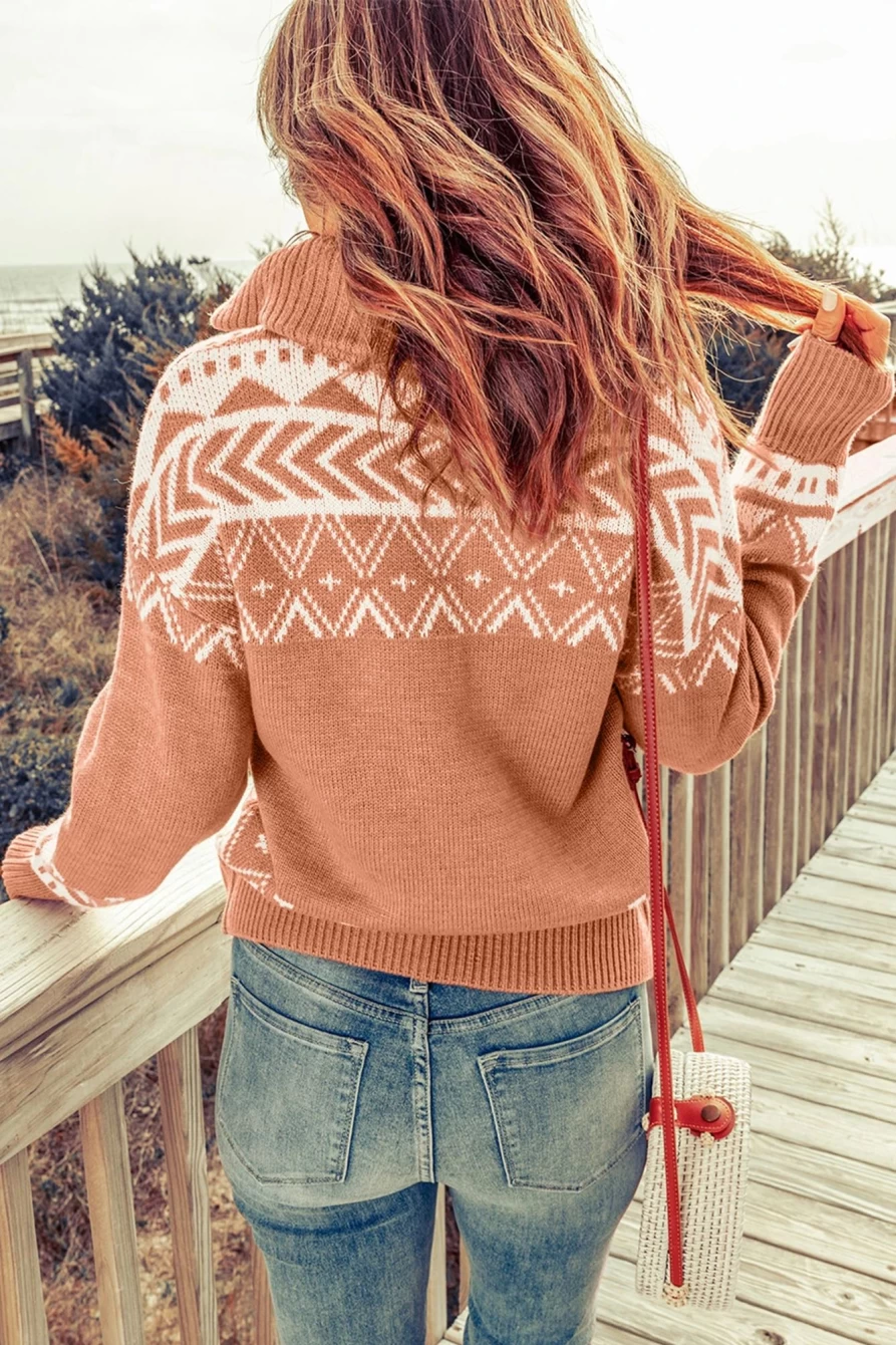 Shewin Women's Pink Geometric Knit Quarter Zip Casual Sweater