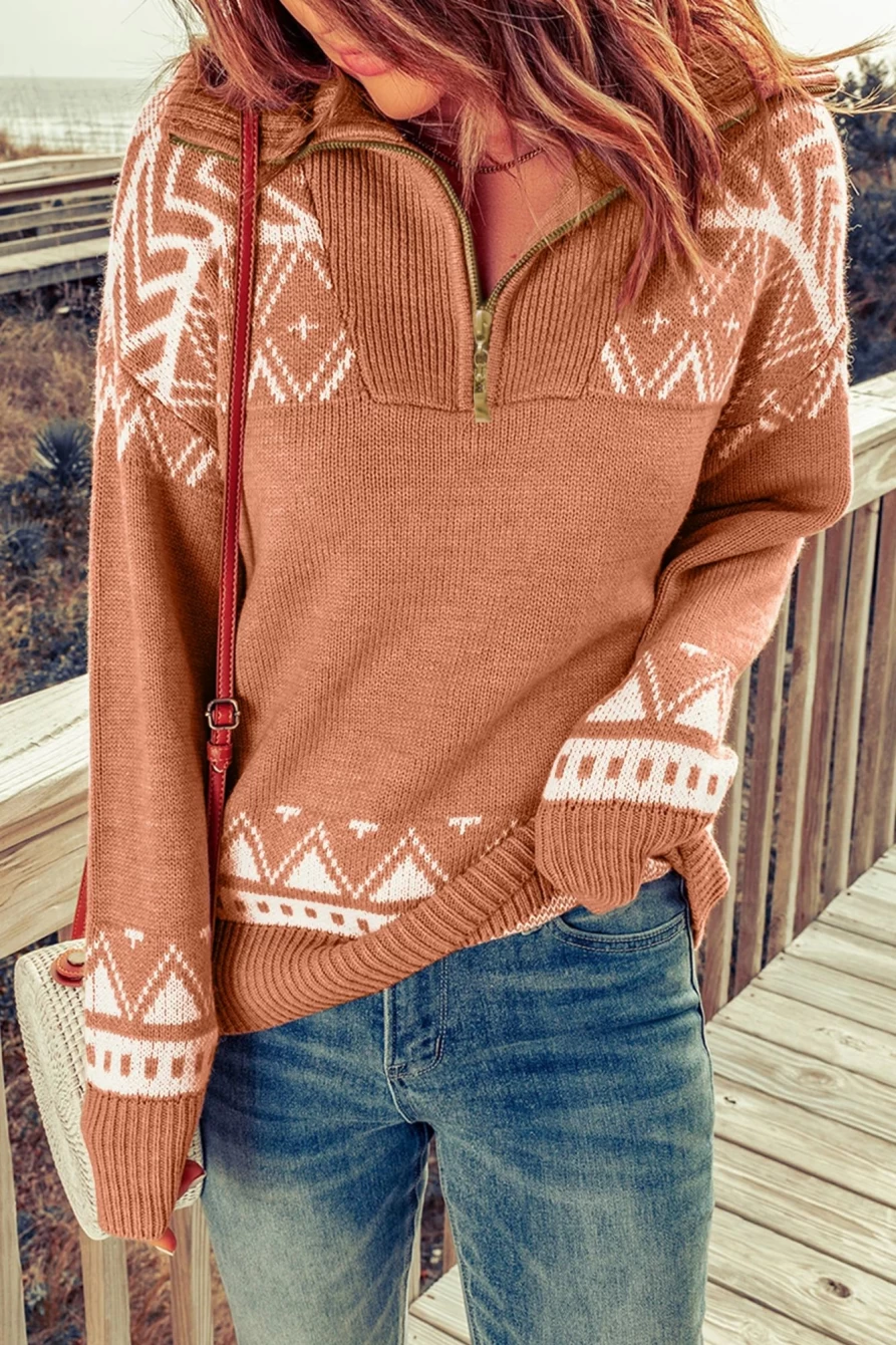 Shewin Women's Pink Geometric Knit Quarter Zip Casual Sweater