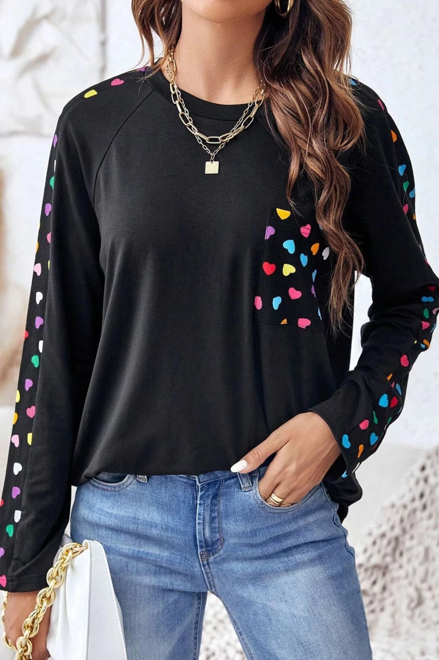 Shewin Women's Black Heart Print Raglan Sleeve Top with Patched Pocket