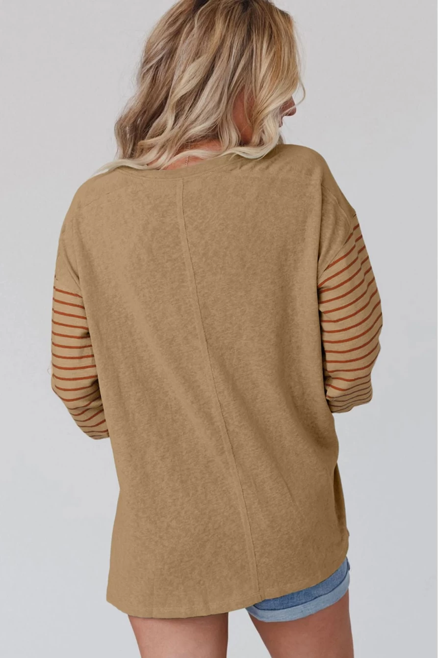 Shewin Women's Flaxen Colorblock Striped Top with Bishop Sleeves & Side Slits