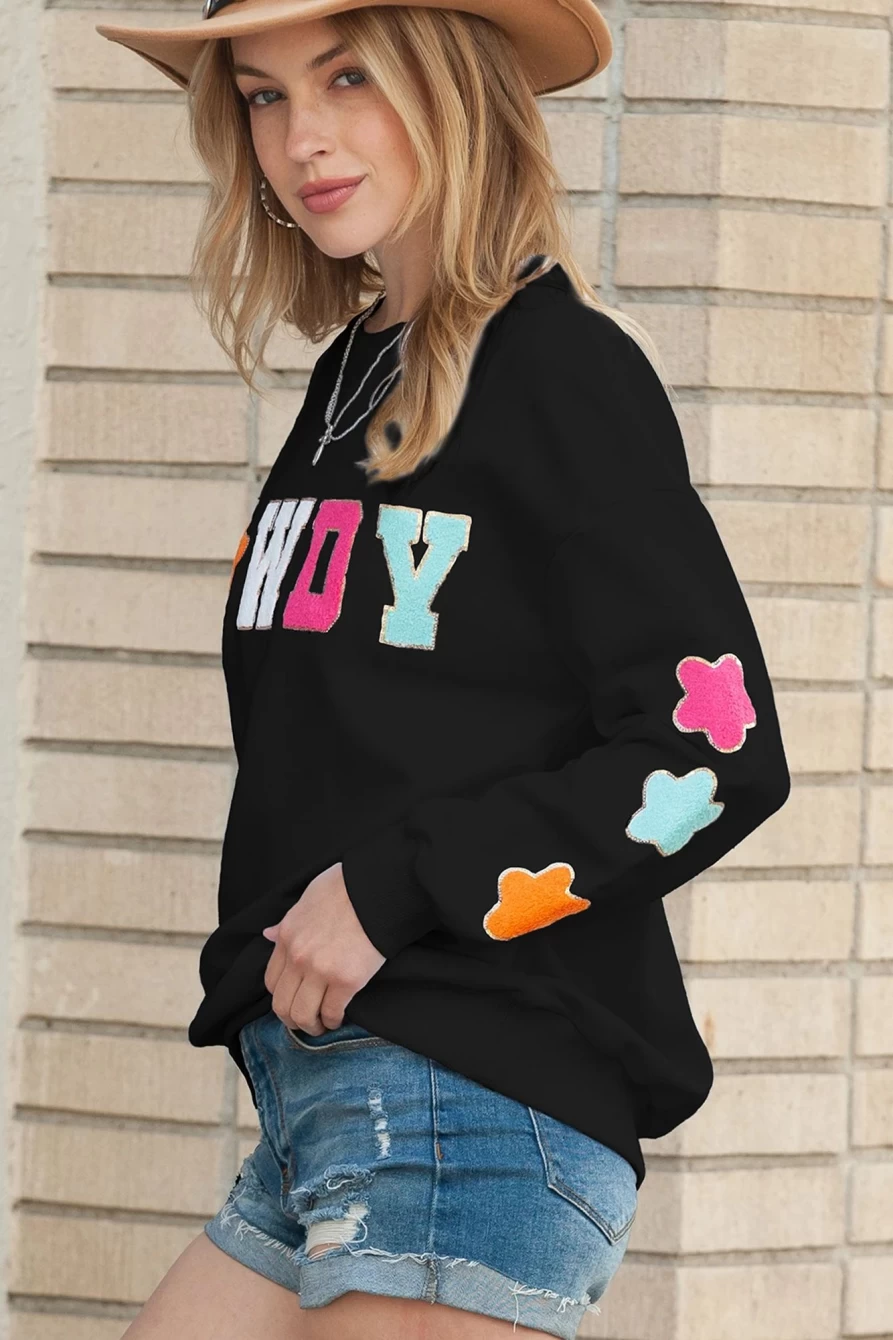 Shewin Women's Black Glitter Howdy Star Patch Casual Sweatshirt