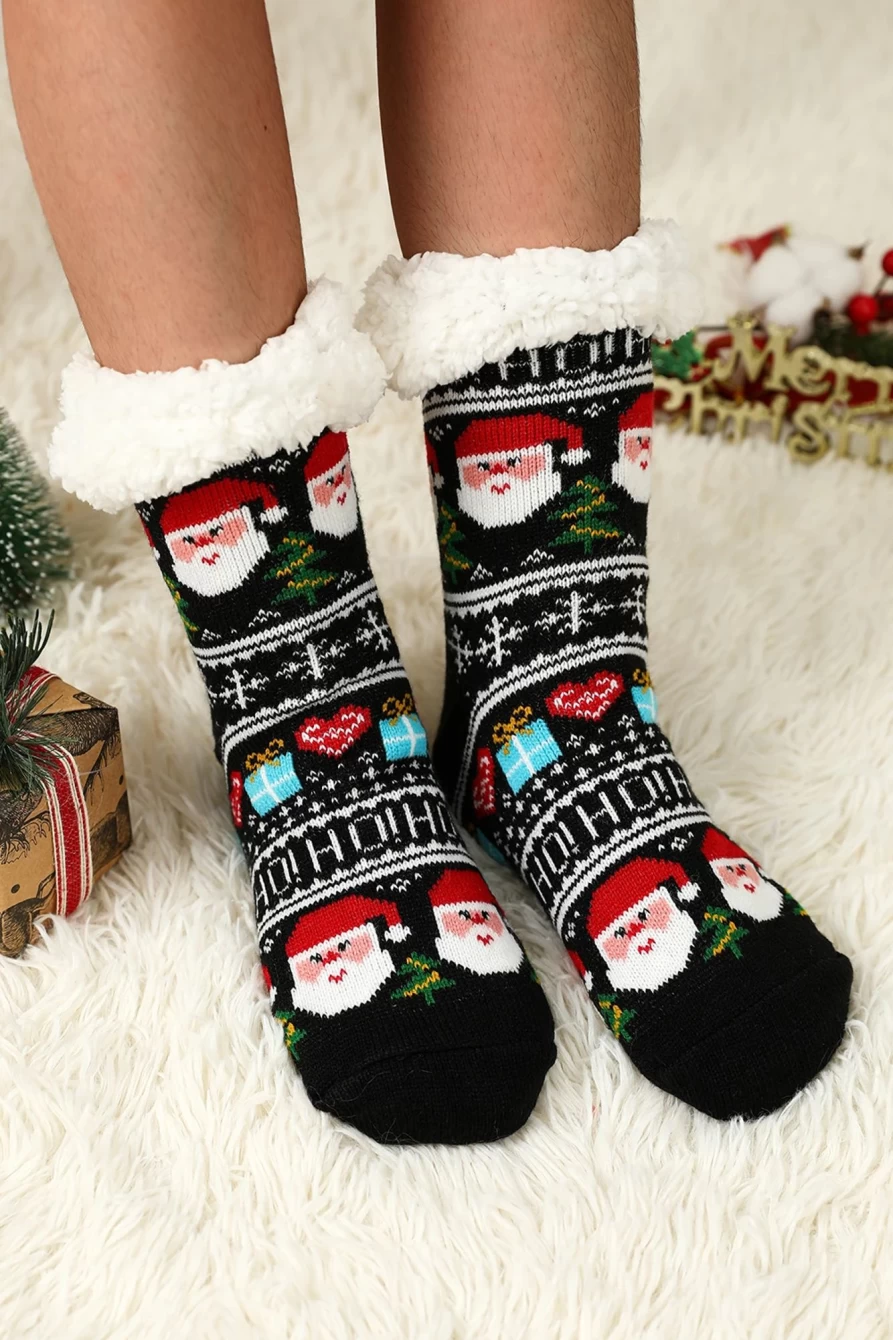 Shewin Women's Black Fleece Christmas Socks with Santa Claus Design