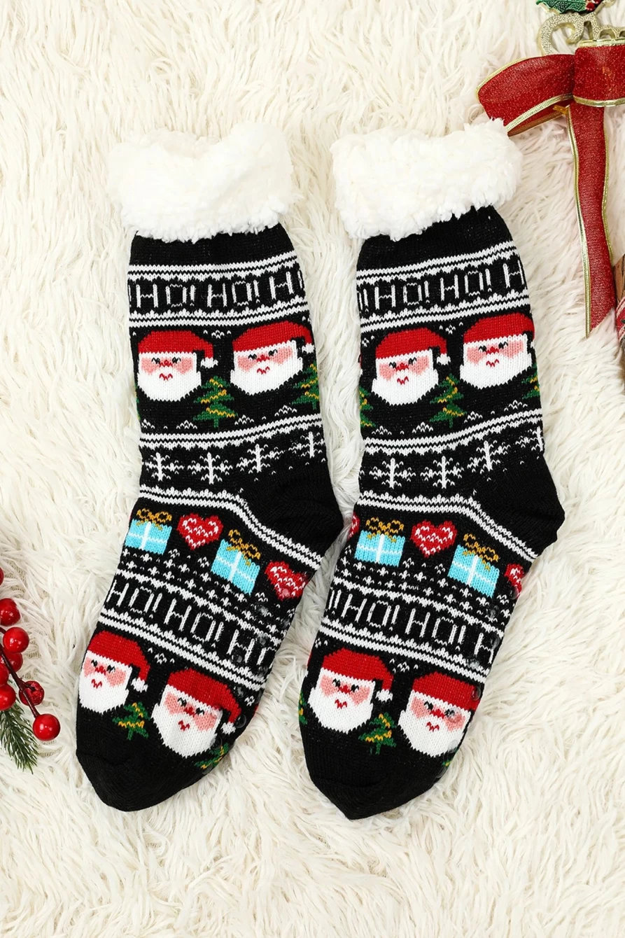 Shewin Women's Black Fleece Christmas Socks with Santa Claus Design