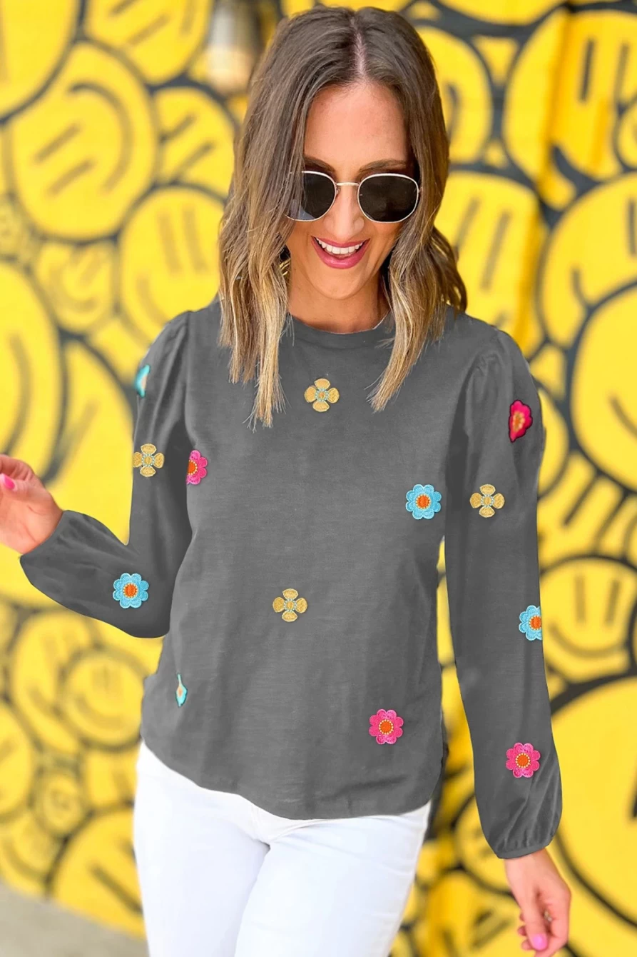 Shewin Women's Medium Grey Floral Embroidered Puff Sleeve Blouse