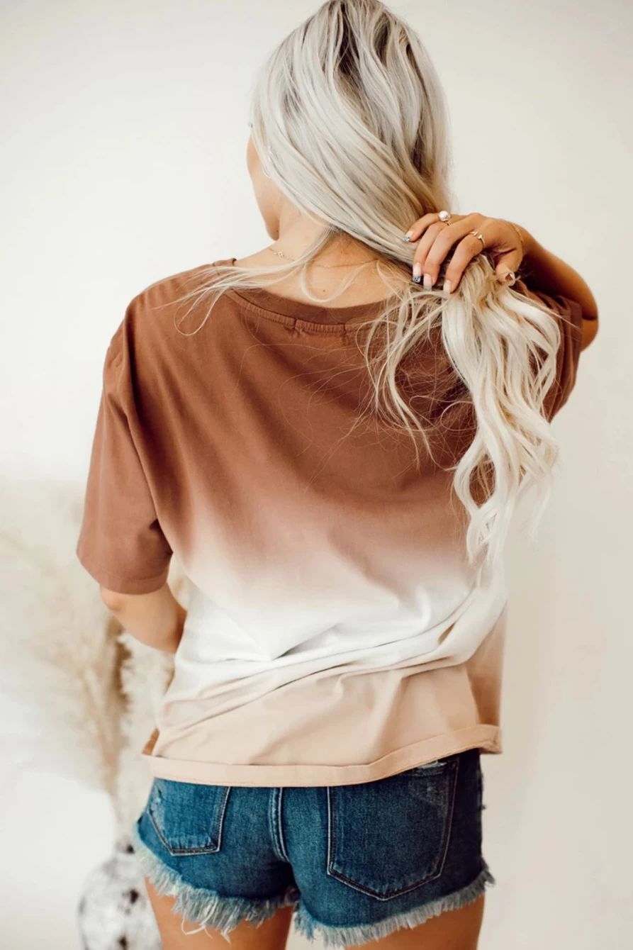 "Shewin Women's Brown Gradient Color Crew Neck T-Shirt - Soft Cotton Casual Tee"