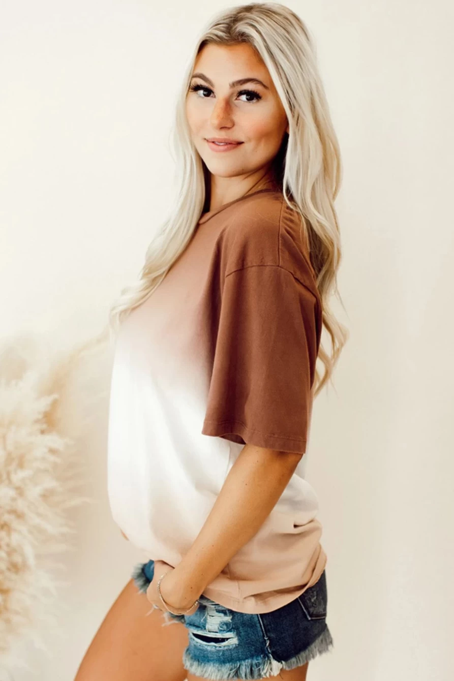 "Shewin Women's Brown Gradient Color Crew Neck T-Shirt - Soft Cotton Casual Tee"