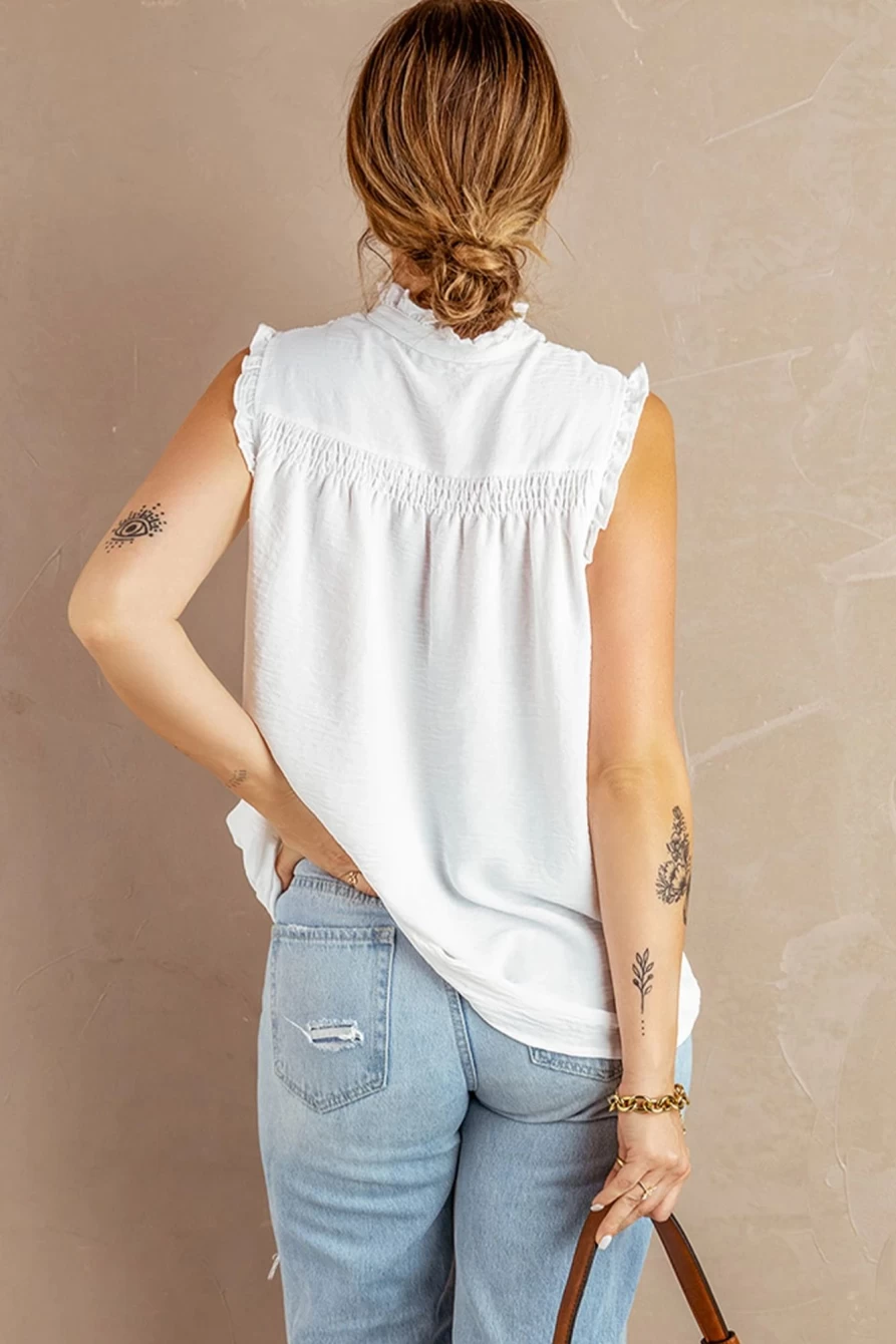Women's Shewin White Smocked V-Neck Sleeveless Blouse with Button Front
