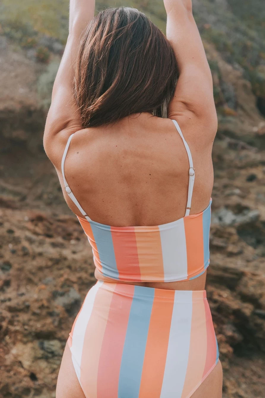 Shewin Women's Orange Striped Colorblock High Waist Two Piece Swimsuit - Trendy Summer Beachwear