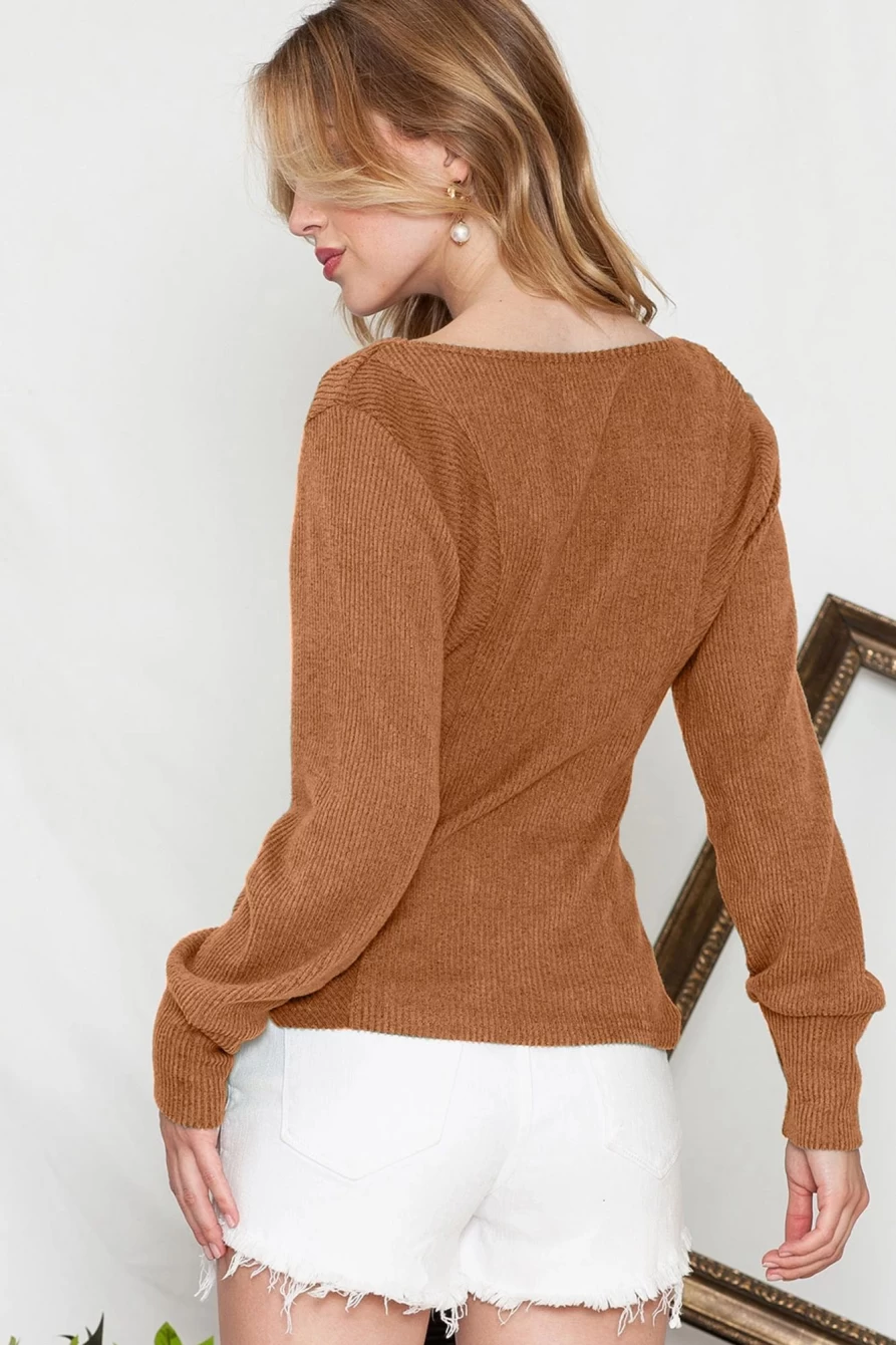 Shewin Women's Brown U-Neck Textured Long Sleeve Top