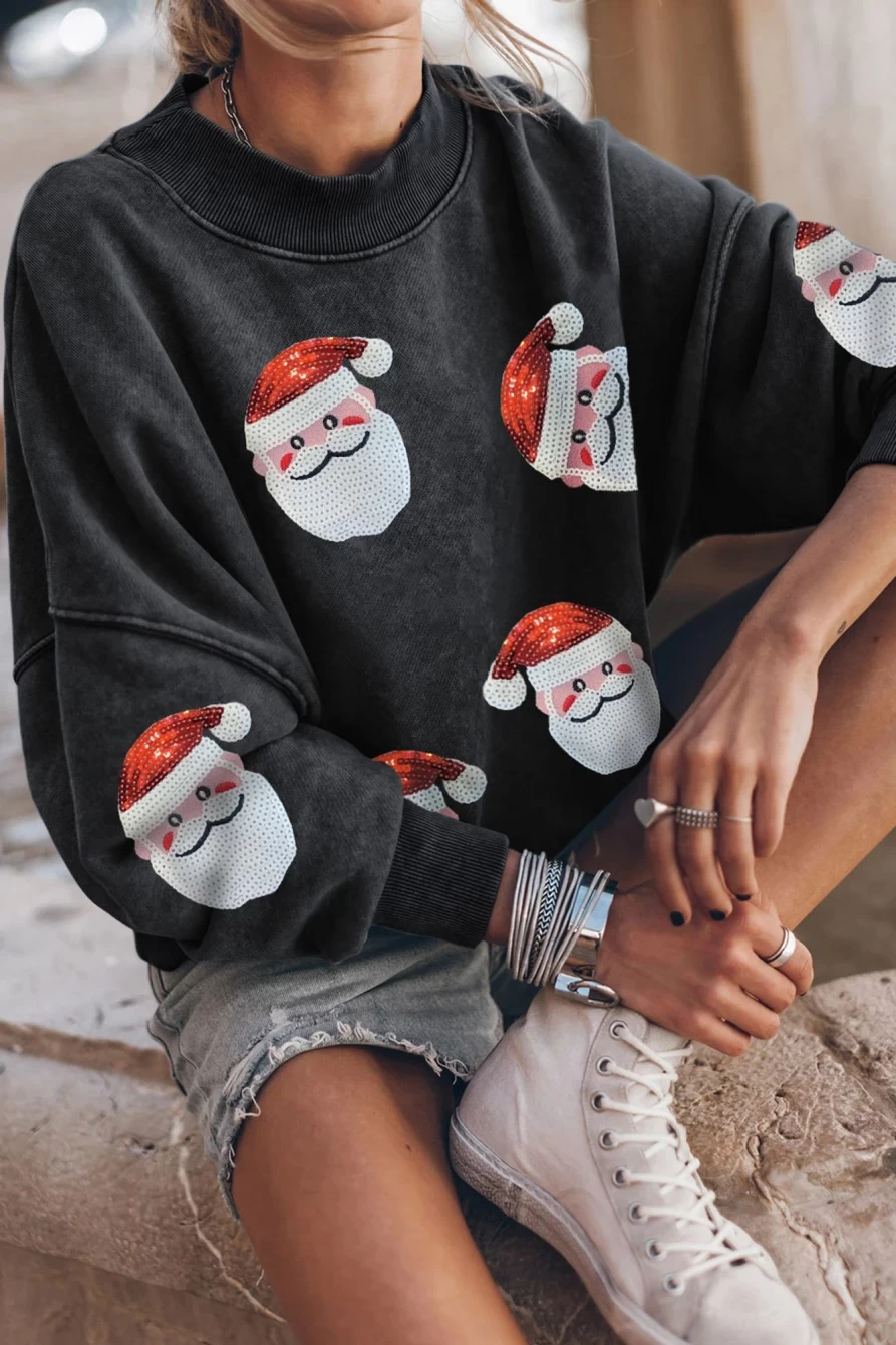 Shewin Women's Black Washed Graphic Sequins Santa Claus Christmas Sweatshirt