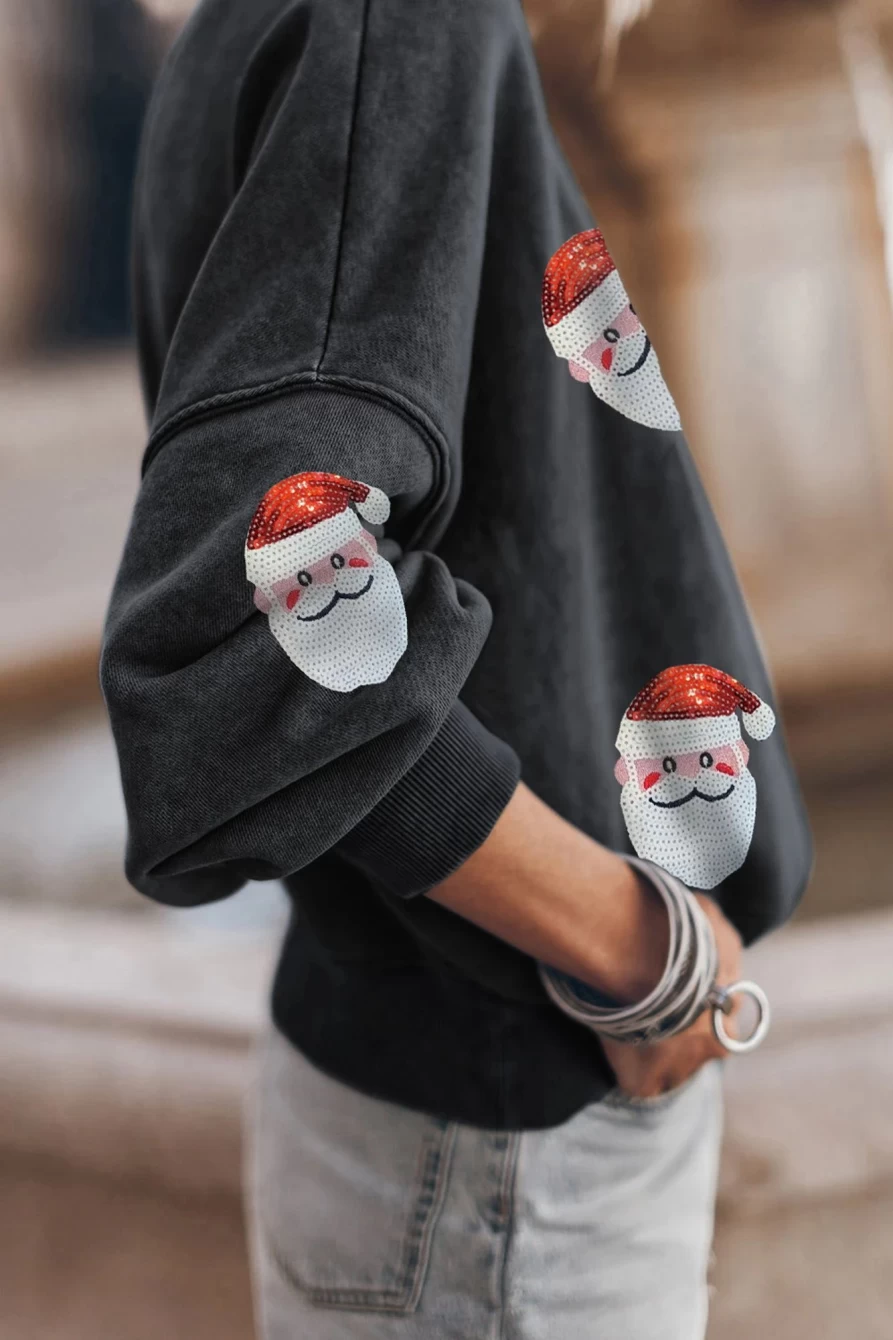 Shewin Women's Black Washed Graphic Sequins Santa Claus Christmas Sweatshirt