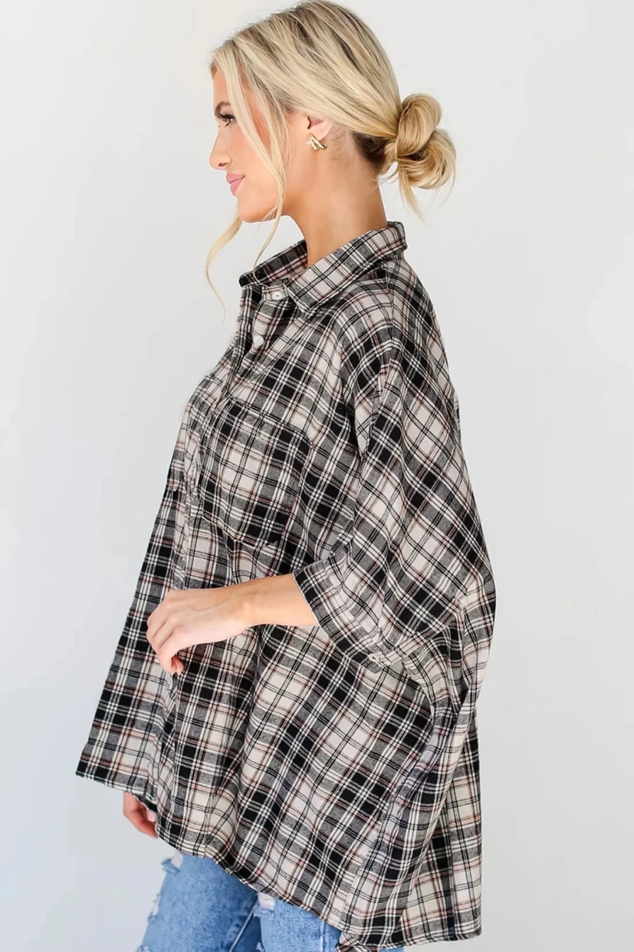 Shewin Women's Black Plaid Batwing Sleeve Button-Up Shirt