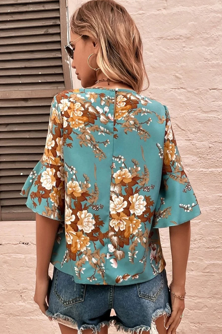 "Shewin Women's Mineral Blue Floral Print Blouse with Round Neck & Flounce Sleeves"