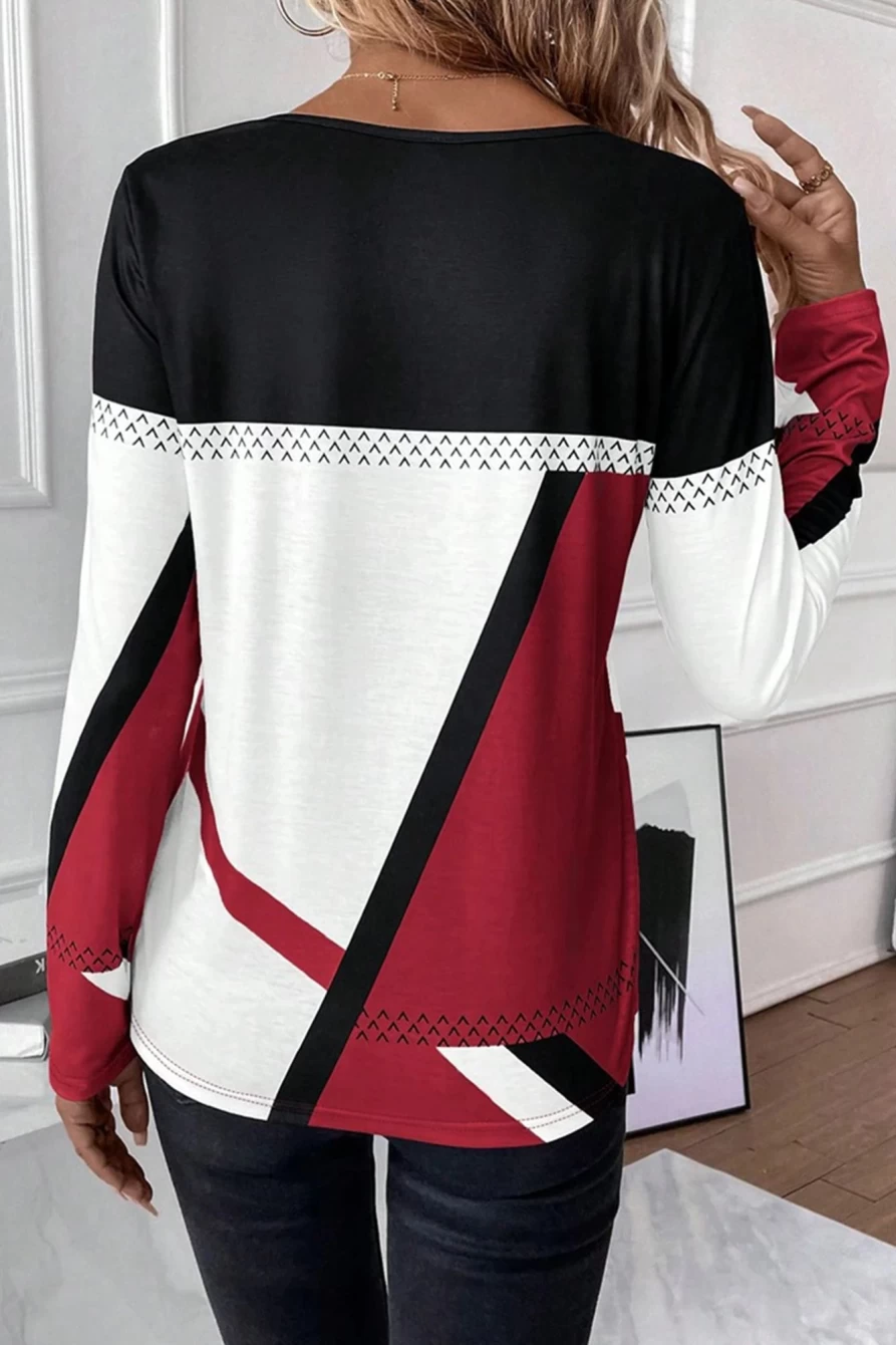"SheWin Women's Fiery Red Geometric Color Block Crew Neck T-Shirt"