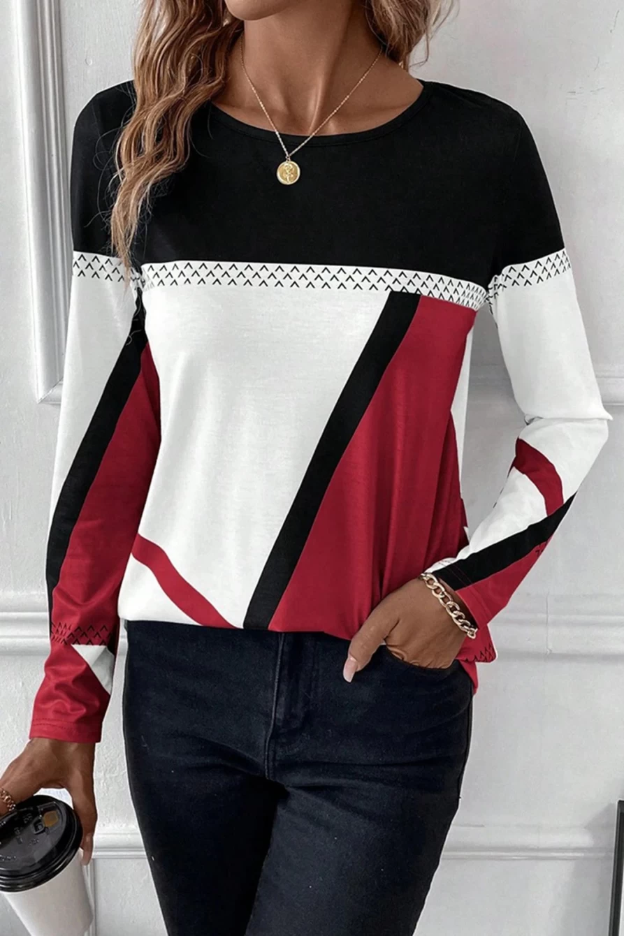 "SheWin Women's Fiery Red Geometric Color Block Crew Neck T-Shirt"