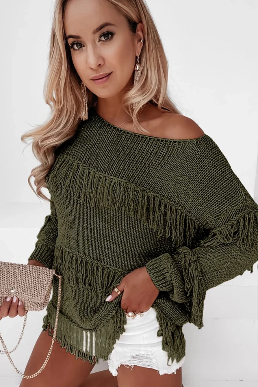 Women's Pickle Green Boho Fringe Tasseled Knitted Sweater | Shewin