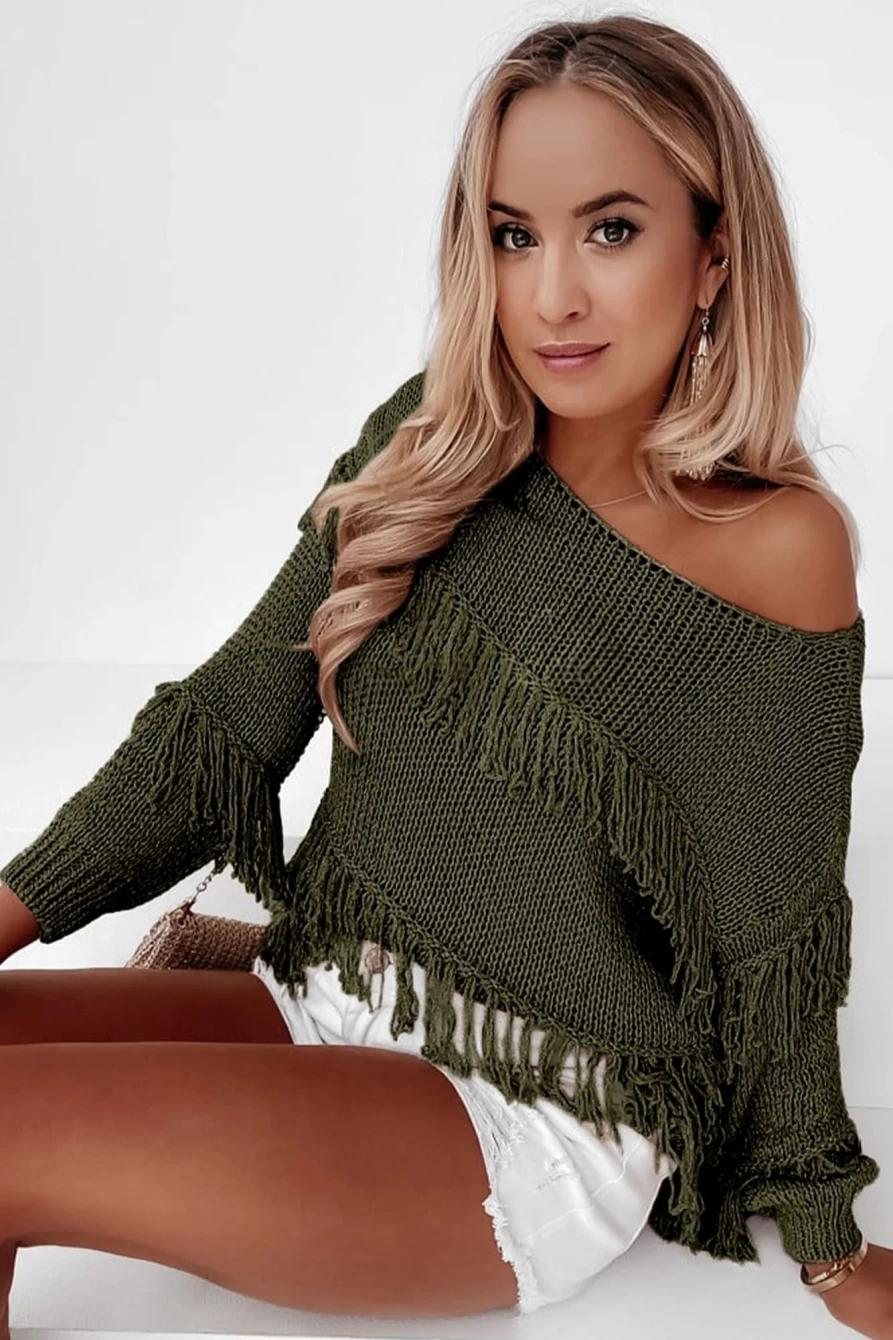 Women's Pickle Green Boho Fringe Tasseled Knitted Sweater | Shewin