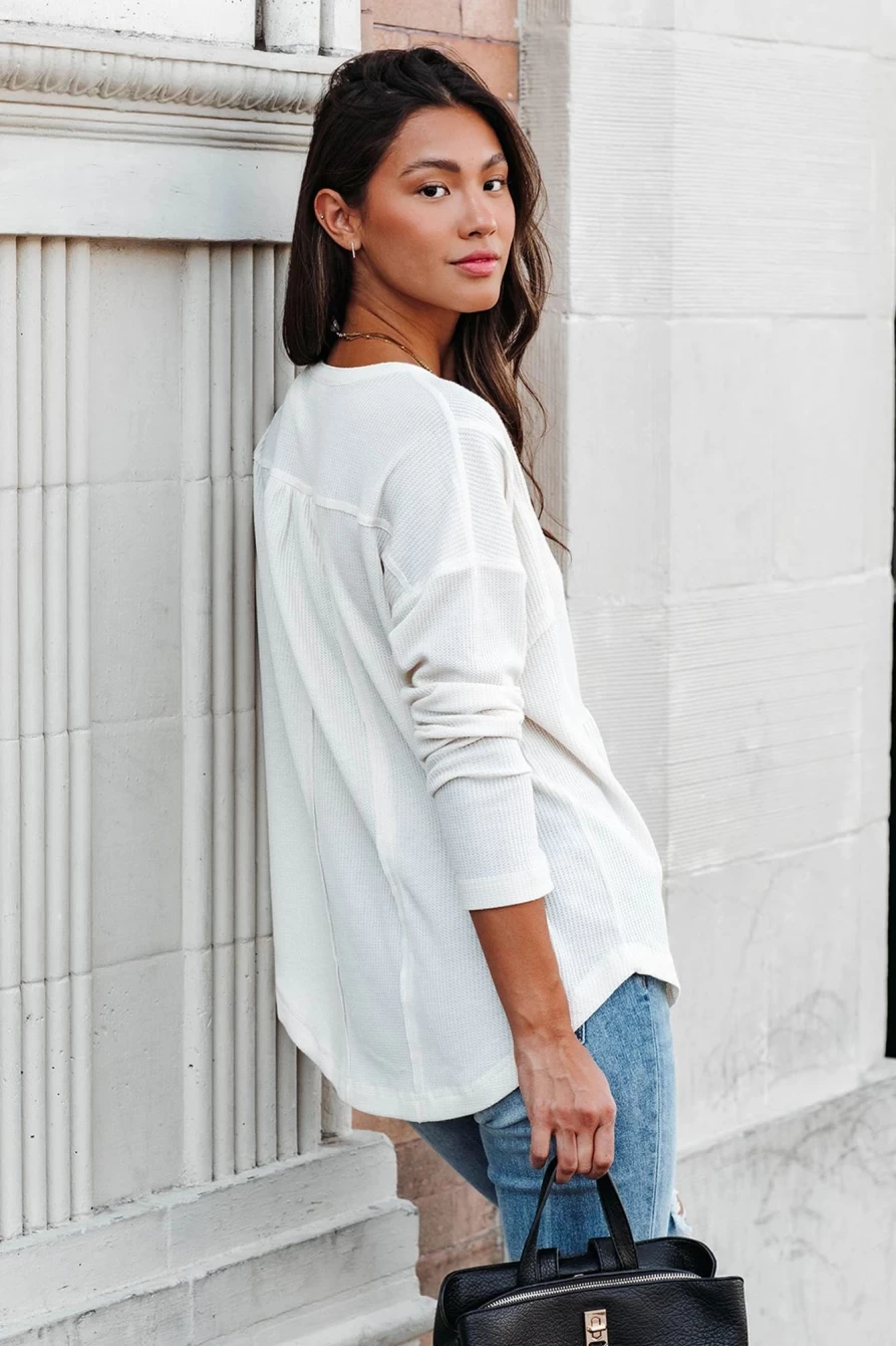 Shewin Women's White Casual Waffle Knit Henley Top with Half Button Design