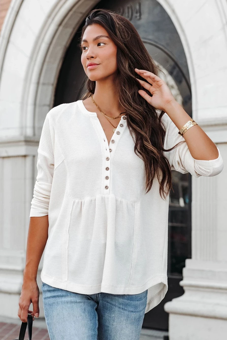Shewin Women's White Casual Waffle Knit Henley Top with Half Button Design