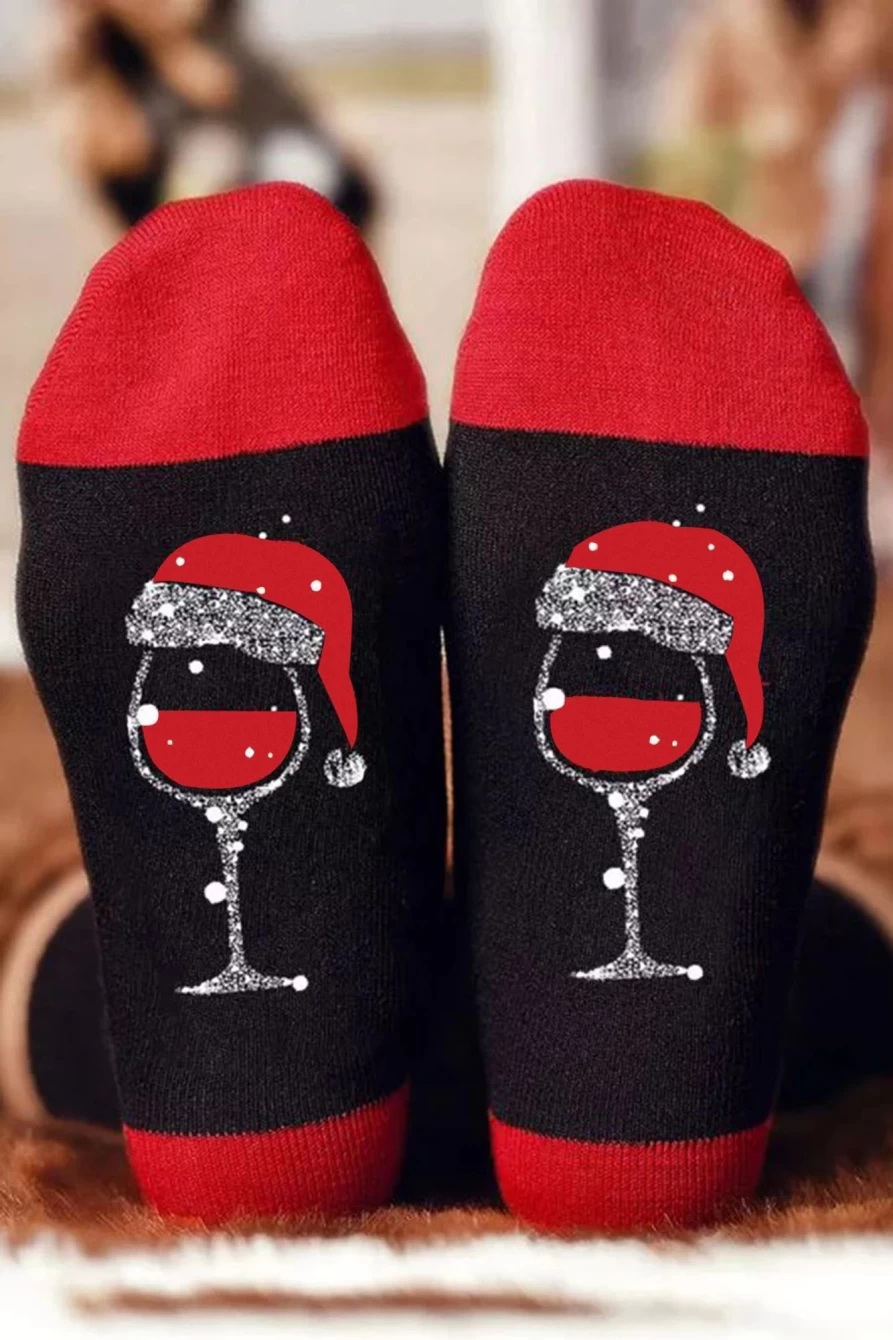 Shewin Women's Black Christmas Champagne Santa Hat Graphic Novelty Socks