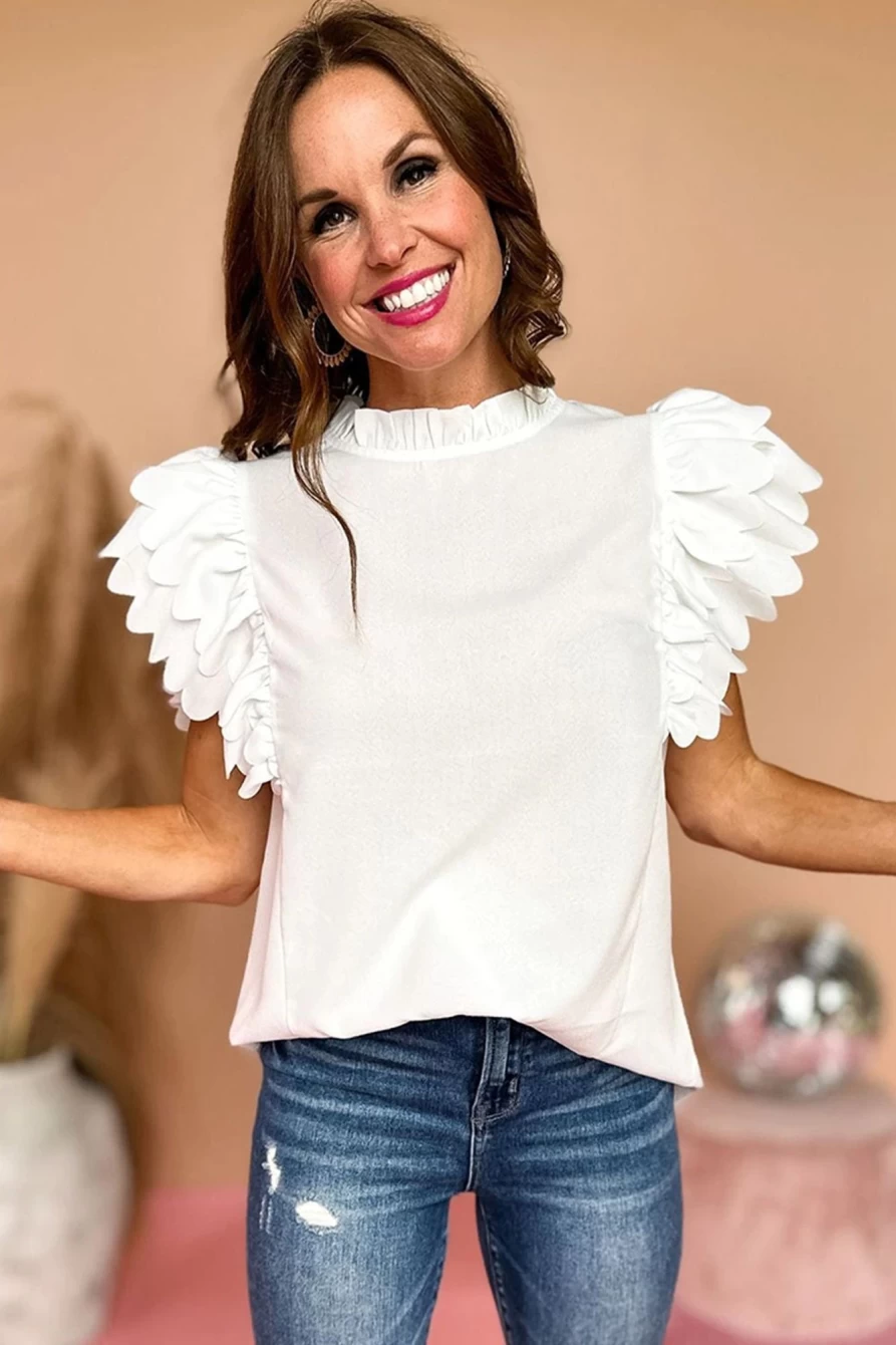 Shewin Women's White Solid Color Blouse with Scalloped Ruffle Sleeves