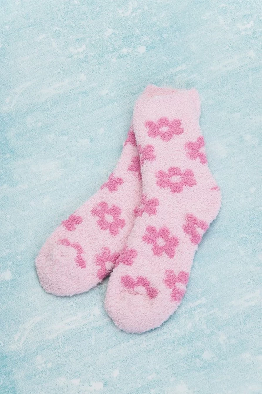 Shewin Women's Dark Pink Coral Velvet Socks with Floral Design - Soft & Cozy