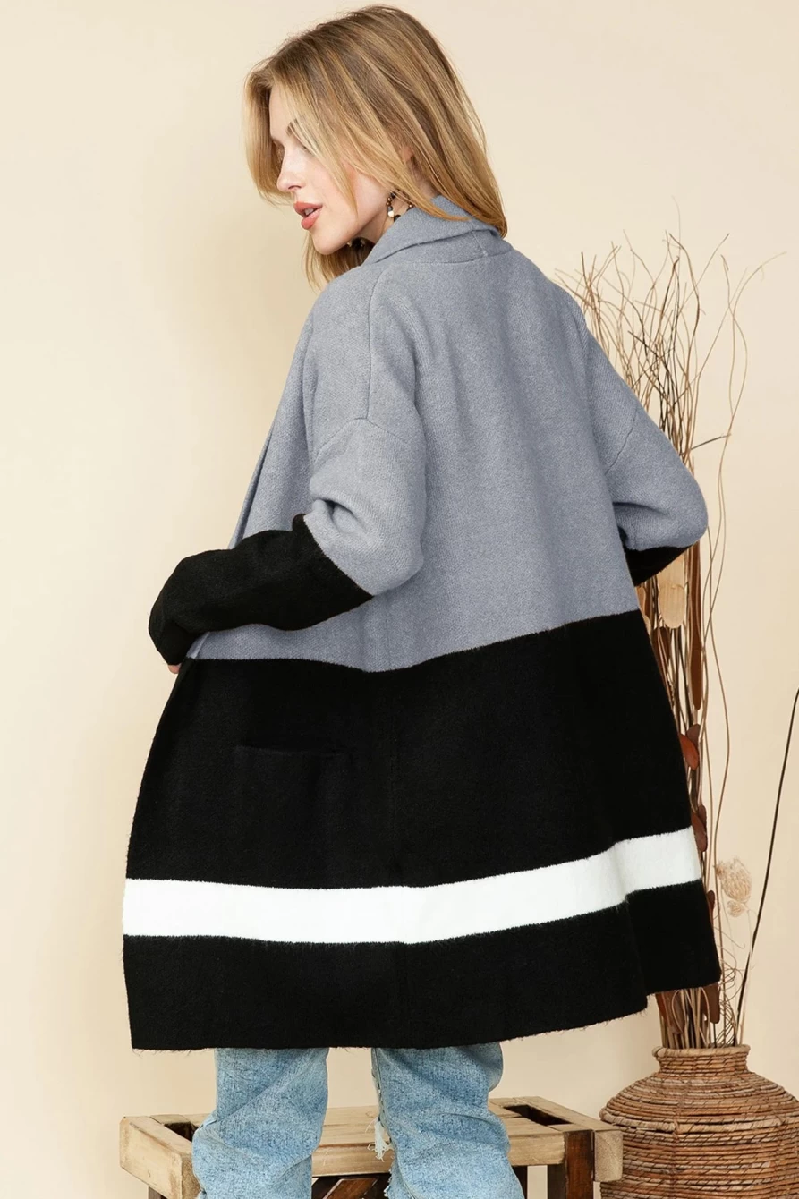 Women's Gray Colorblock Long Cardigan with Pockets - Shewin Open Front Stylish Coat