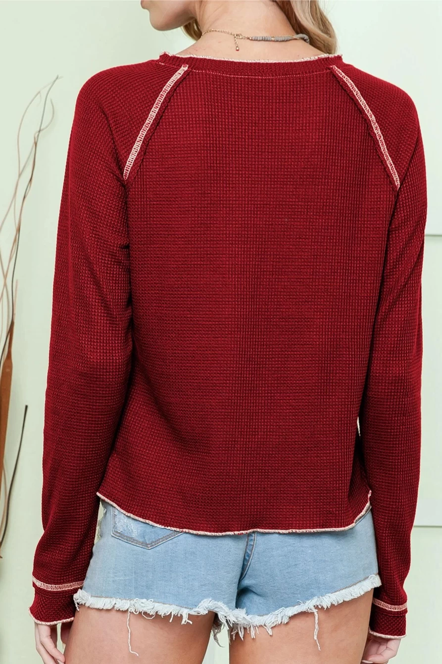 Shewin Women's Red Exposed Seam Textured Pullover Long Sleeve Top