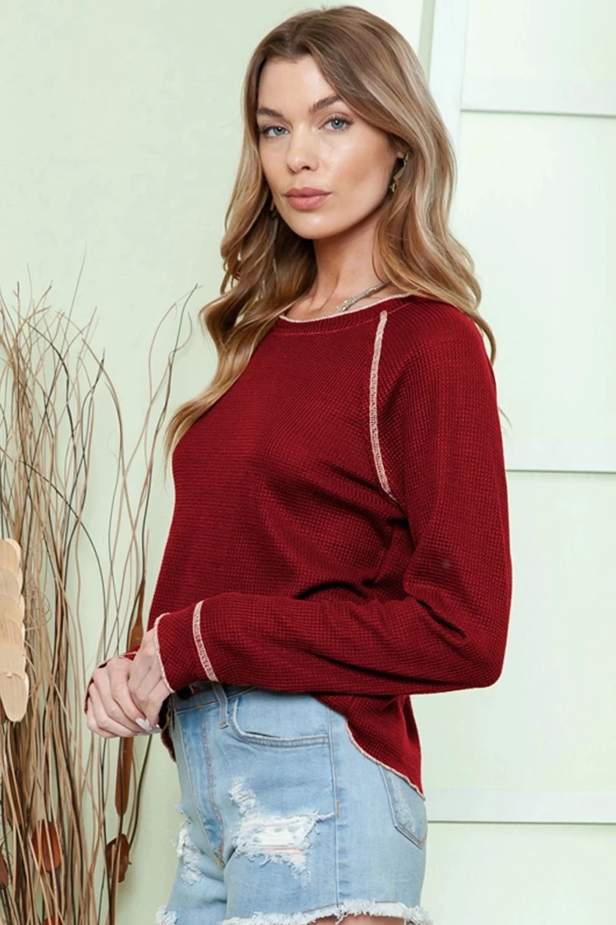 Shewin Women's Red Exposed Seam Textured Pullover Long Sleeve Top