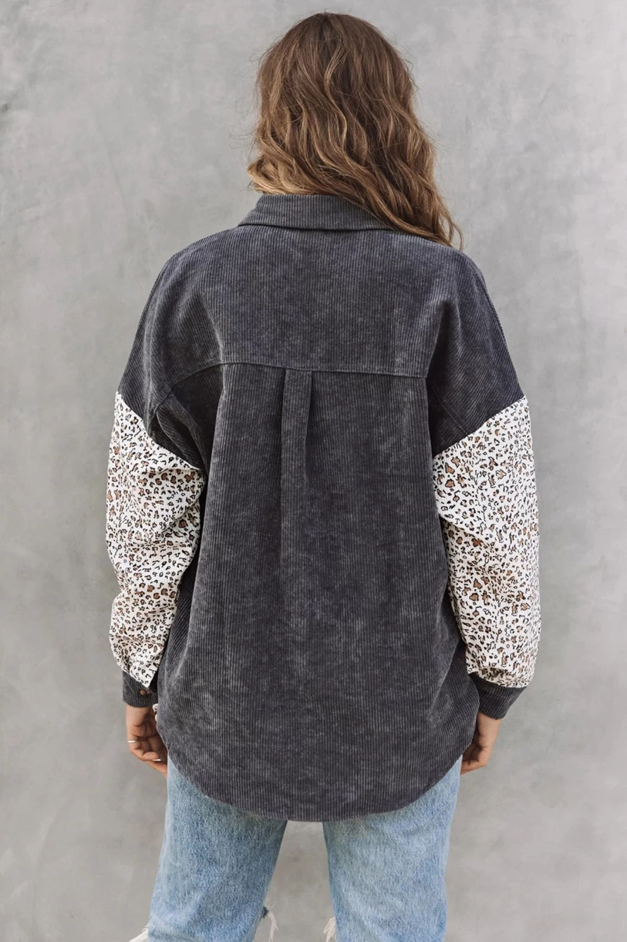 Women's Gray Corduroy Shacket with Leopard Patchwork - Shewin Casual Button-Up Shirt Jacket