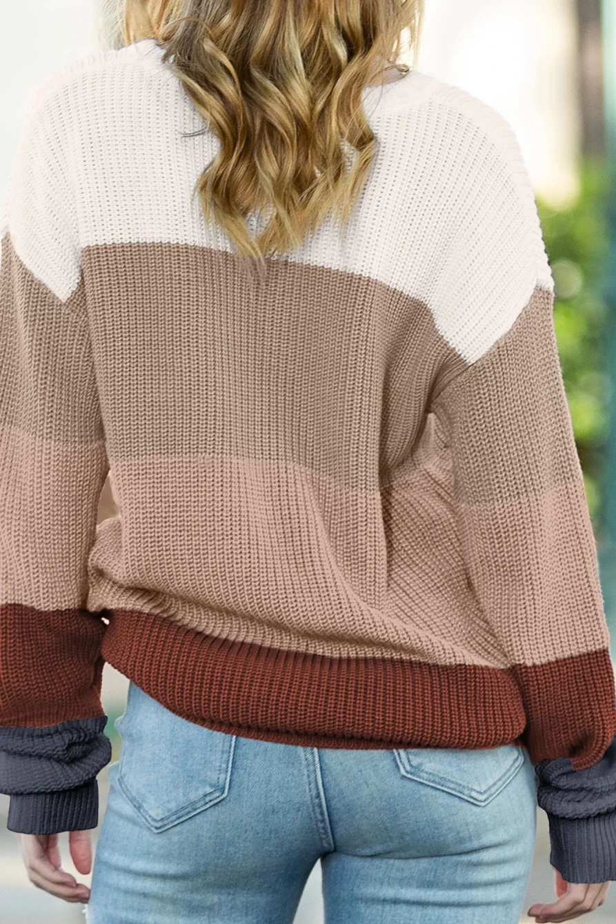 Shewin Women's Khaki Color Block Knit Sweater - Casual Comfort Pullover