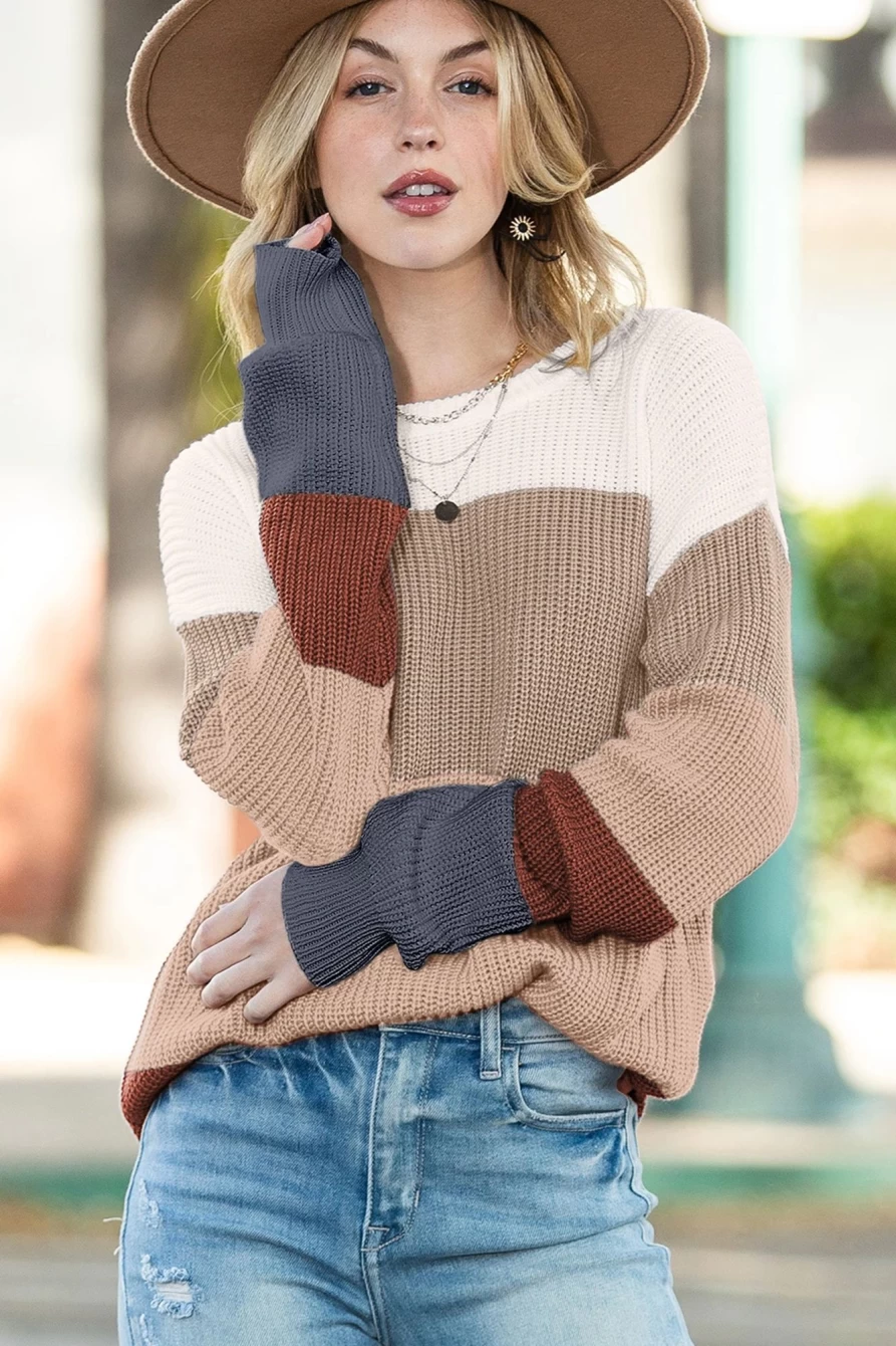 Shewin Women's Khaki Color Block Knit Sweater - Casual Comfort Pullover