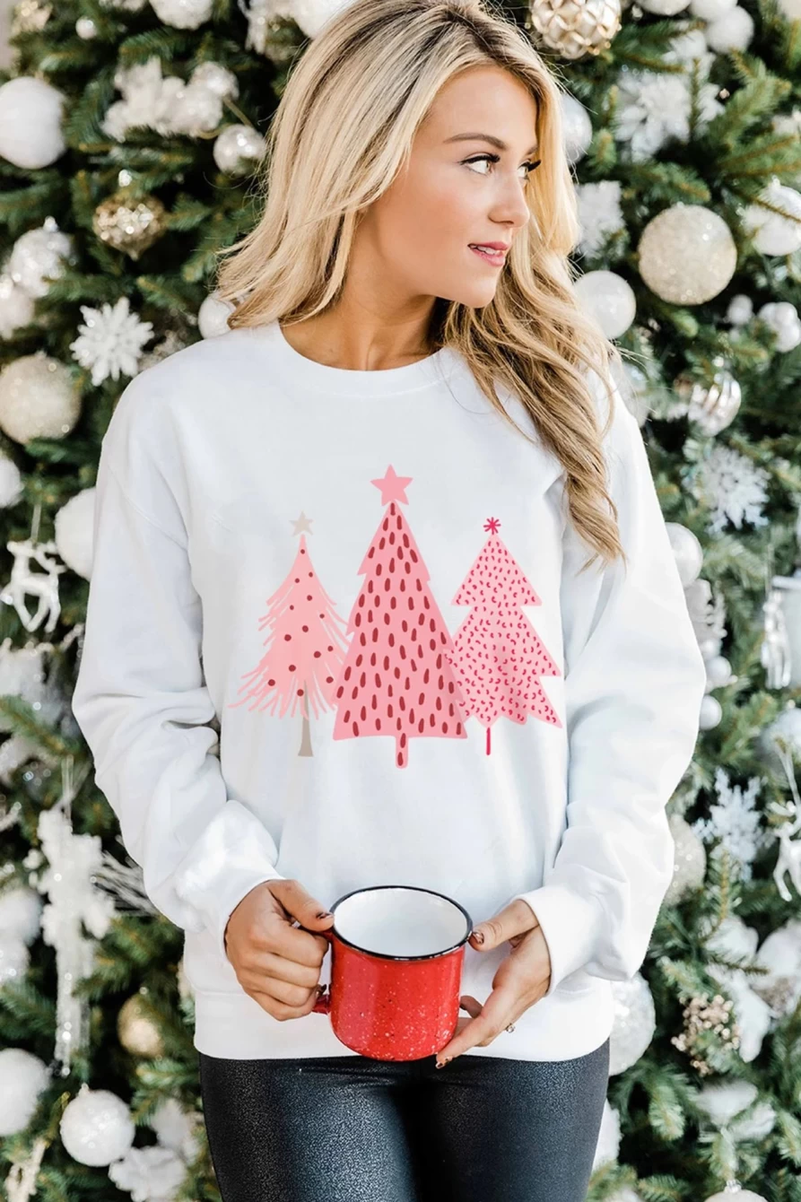 Shewin Women's White Christmas Tree Dots Print Pullover Sweatshirt Holiday Graphic Sweater