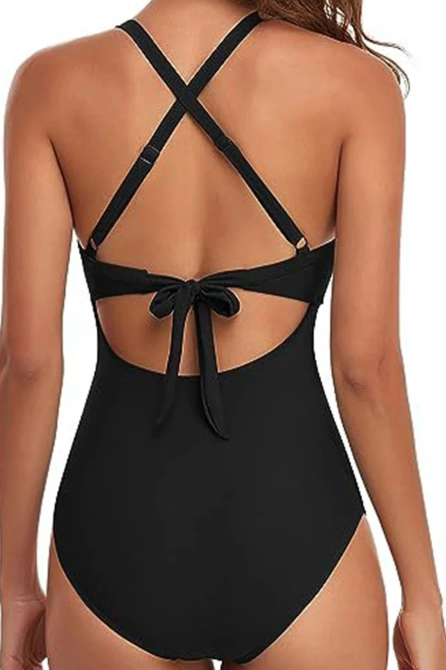 Shewin Women's Black V Neck One Piece Swimsuit with Elastic Straps - Solid Color Bathing Suit