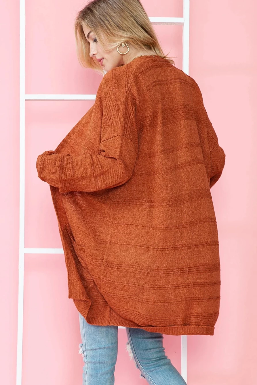 "SheWin Women's Tomato Red Open Front Textured Knit Pocketed Cardigan"