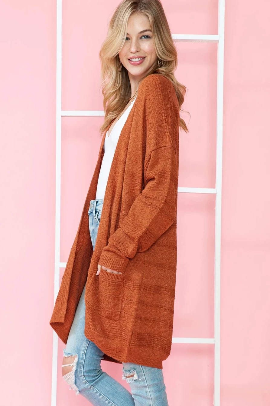 "SheWin Women's Tomato Red Open Front Textured Knit Pocketed Cardigan"