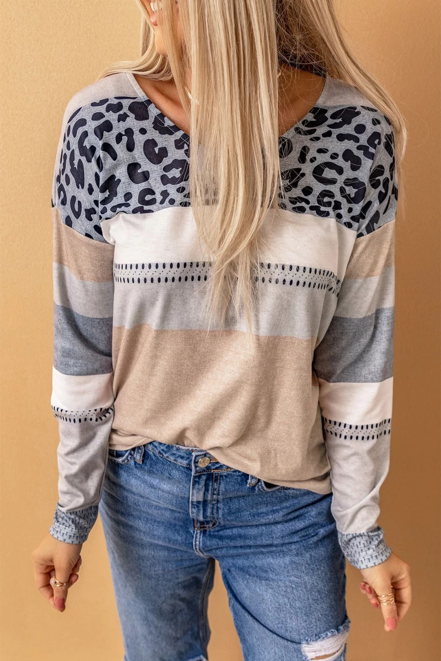 Shewin Women's Apricot Leopard Print Color Block Long Sleeve Pullover Top