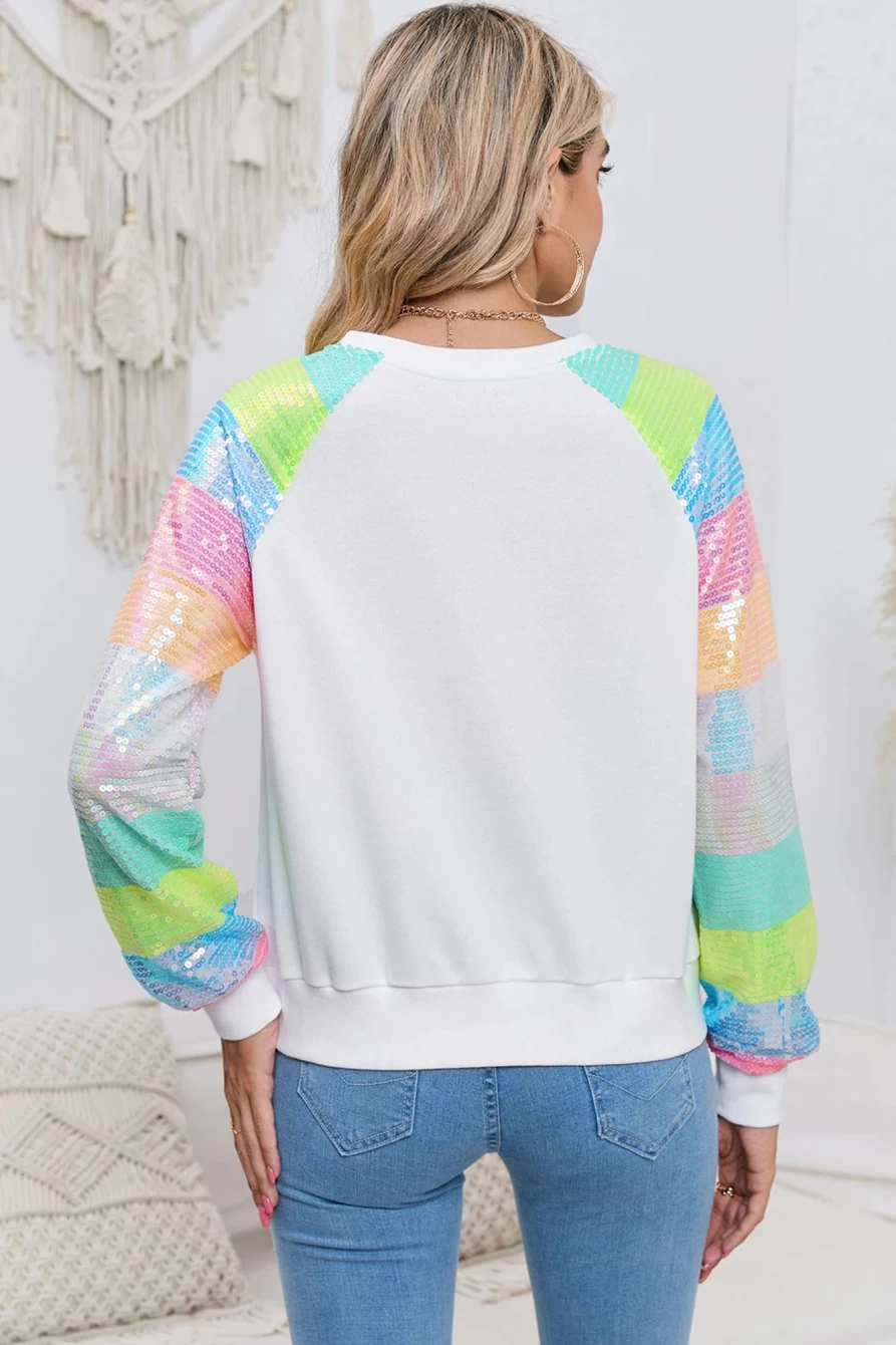 Women's White Sequin Color Block Sweatshirt - Shewin Long Sleeve Pullover Top