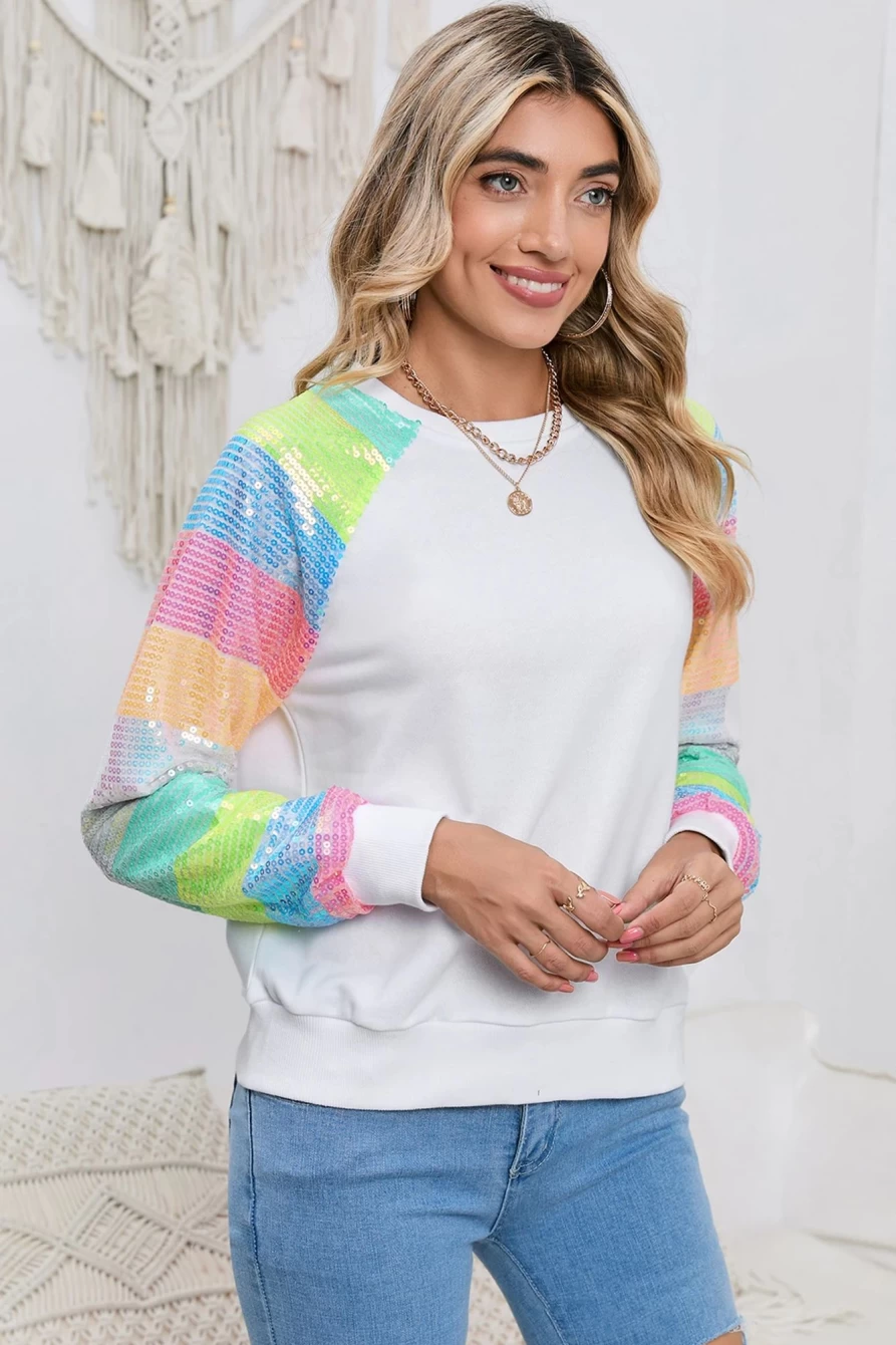 Women's White Sequin Color Block Sweatshirt - Shewin Long Sleeve Pullover Top