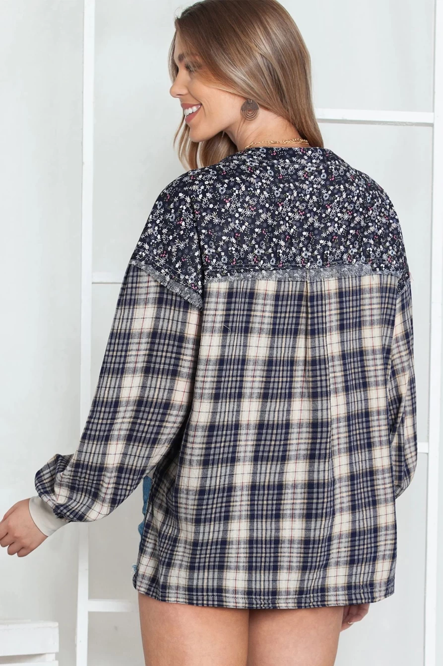 Shewin Women's Blue Floral Plaid Patchwork Top with Bishop Sleeves