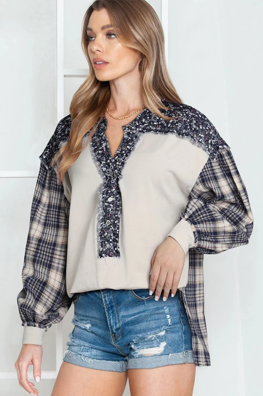 Shewin Women's Blue Floral Plaid Patchwork Top with Bishop Sleeves