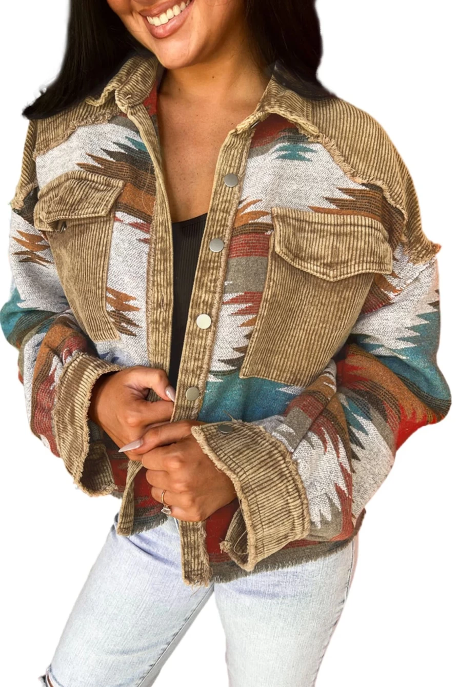 Shewin Women's Camel Geometric Print Patchwork Shacket with Flap Pockets