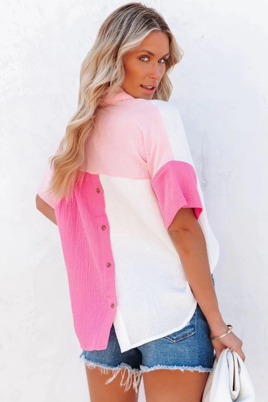 Shewin Women's Rose Color Block Collared Polo Shirt Short Sleeve Top