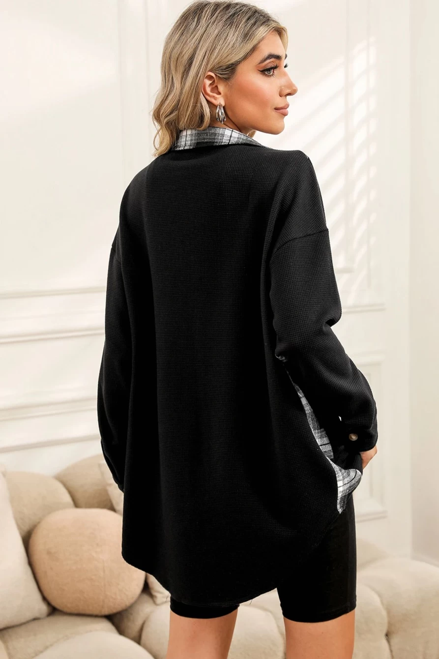 Shewin Women's Black Plaid Thermal Waffle Patchwork Shacket Coat