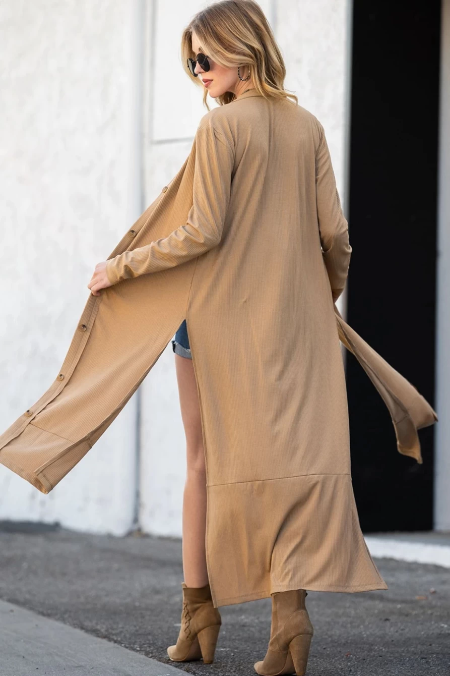 Women's Flaxen Ribbed Button-Up Side Split Duster Cardigan by Shewin