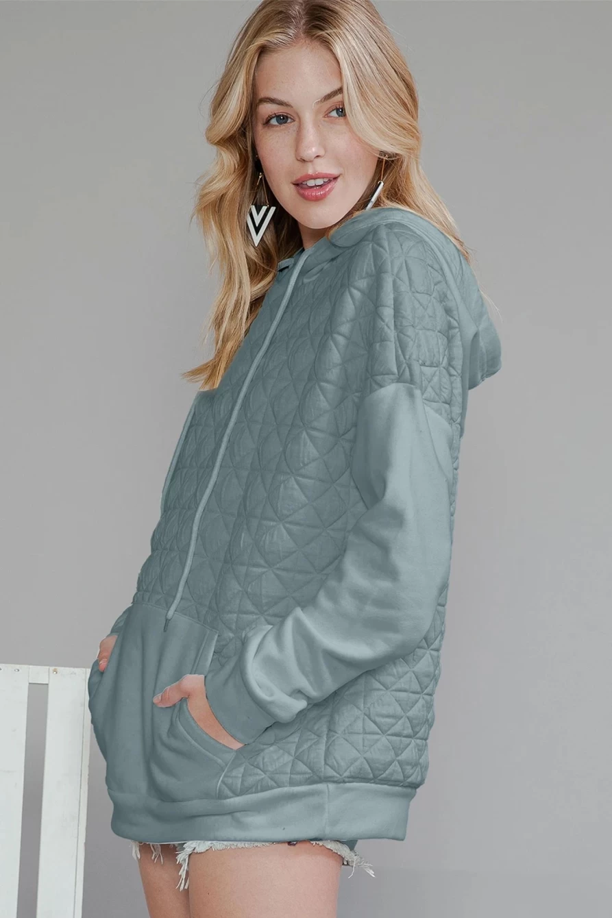 Shewin Women's Light Grey Drop Shoulder Hoodie with Kangaroo Pocket & Patchwork Quilted Design
