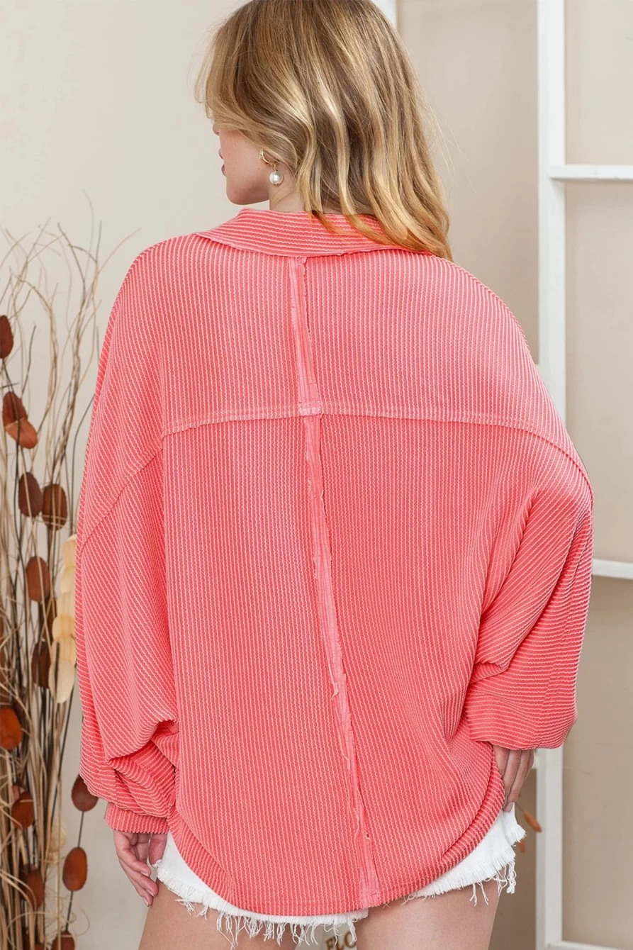 Shewin Women's Pink Ribbed Henley Long Sleeve Top with Collar - Solid Color Casual Shirt